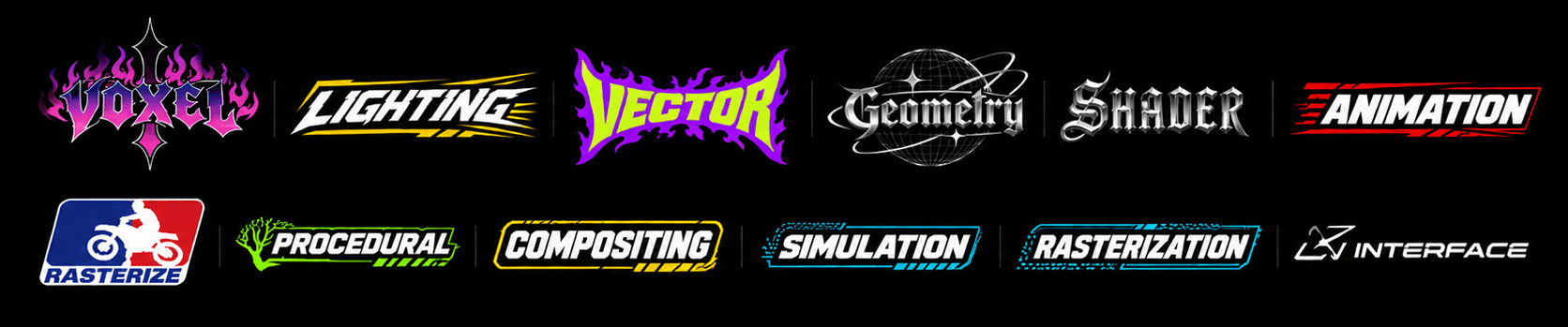 Creative disciplines including voxel, lighting, vector, geometry, shader, animation, compositing, simulation, rasterization, and interface.